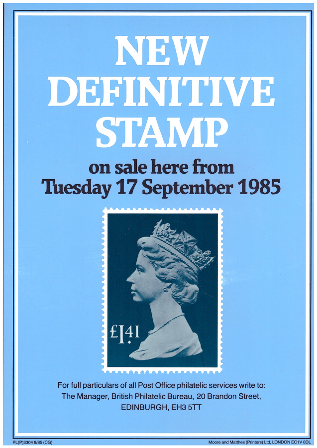 (image for) 1985 New Definitive Stamp Post Office A4 poster. PL(P)3304 8/85 (CG).